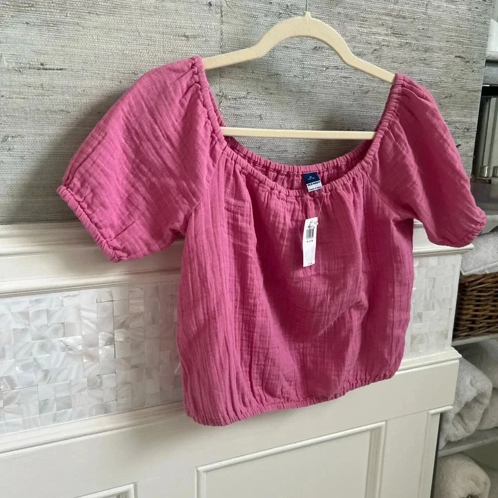 NWT new old navy Double-Weave Cropped Puff-Sleeve Top Girls XL 14-16 pink rose